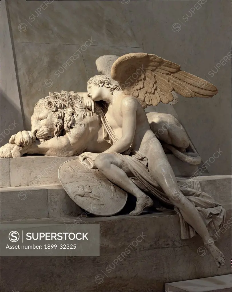 Monument of the Archduchess Maria Cristina of Austria, by Canova Antonio, 1798, 18th Century, plaster. Italy, Veneto, Possagno, Treviso, Canova Claster Casts Gallery. Detail. Angel and lion.