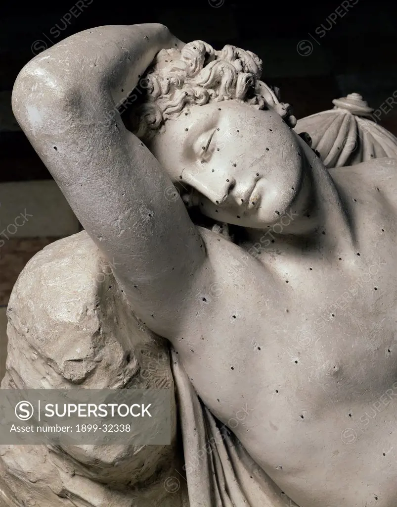 The Sleep of Endymion, by Canova Antonio, 1819, 19th Century, plaster. Italy, Veneto, Possagno, Treviso, Canova Plaster Casts Gallery and Canova's Home. Detail. Face man young Endymion sleeping sleep relaxation chest nude shepherd.