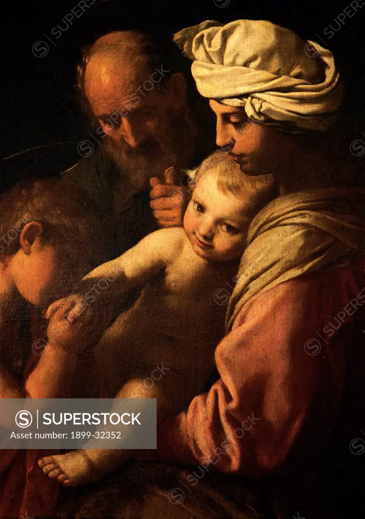 Holy Family with St John, by Cantarini Simone known as il Pesarese, workshop Cantarini Simone detto il Pesarese, 17th Century, oil on canvas. Italy, Lombardy, Milan, Brera Art Gallery. Detail. Visages faces Child St John turban family kiss.