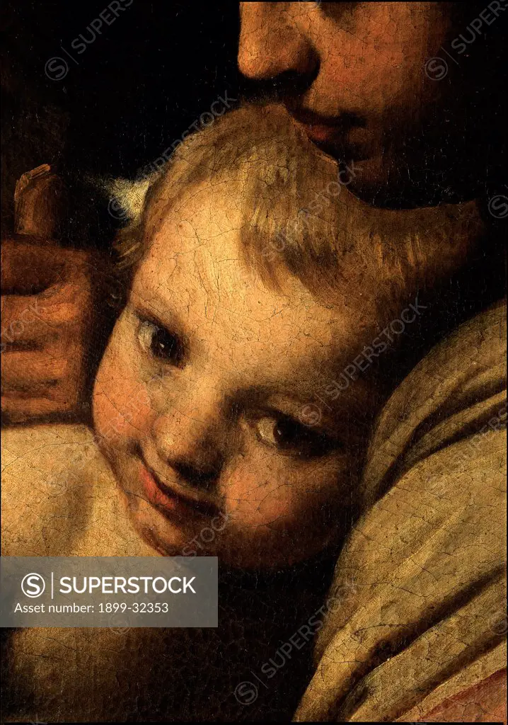 Holy Family with St John, by Cantarini Simone known as il Pesarese, workshop Cantarini Simone detto il Pesarese, 17th Century, oil on canvas. Italy, Lombardy, Milan, Brera Art Gallery. Detail. Face of the Child Jesus.