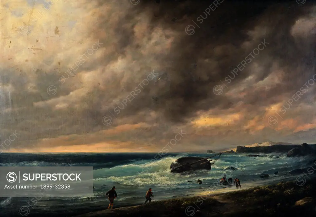 Storm on the Beach of Scheveningen, by Canella Giuseppe, 1839, 19th Century, oil on canvas. Italy, Lombardy, Milan, Brera Art Gallery. Whole artwork. Sea waves beach stormy sky clouds rocks figures.