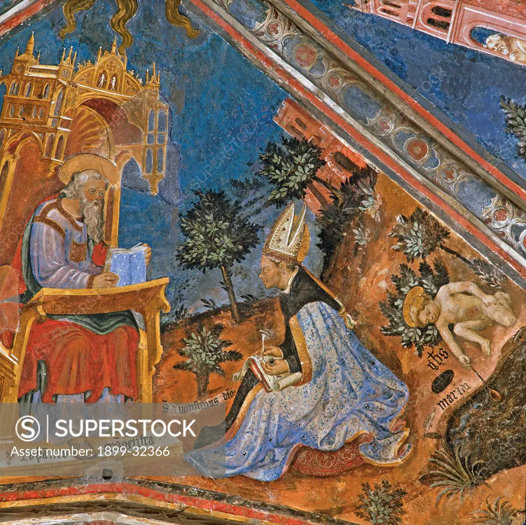 St John the Evangelist and St Augustine, by Bembo Bonifacio, 1450, 15th Century, fresco. Italy, Lombardy, Cremona, Sant'Agostino Church. Detail. St John the Evangelist and St Augustine halos: aureoles mantle: cloak drapery: draping putto: cherub inscriptions Gothic letters holy book throne high-backed chair writing desk castle fortress background blue unif.