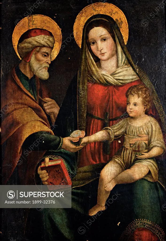 Holy Family, by Emilian Artist, 16th Century, oil on panel. Italy, Lombardy, Milan, Brera Art Gallery. Whole artwork. Holy Family Madonna Virgin Mary Child Jesus: Baby Jesus: Christ Child St Joseph red dress: garment yellow gold halo: aureole book.