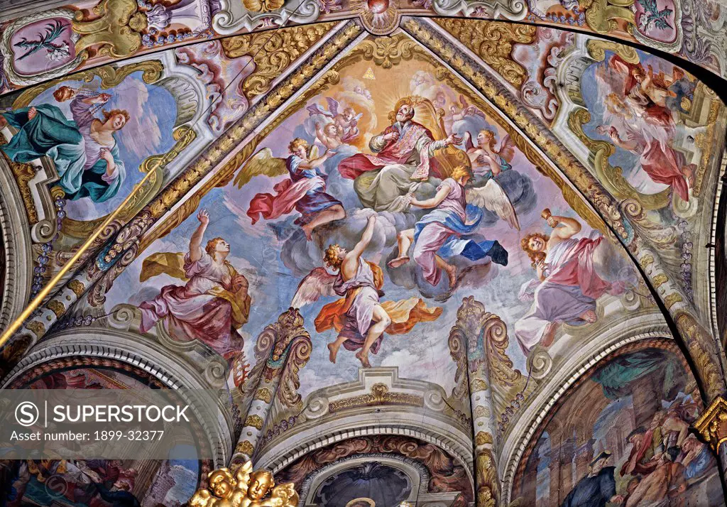 Scenes from the Life of St Philip, by Bianchi Federico, 17th Century, Unknow. Italy, Piemonte, Asti, Cathedral. Detail. Chapel vault (vaulting) web the Assumption clouds sky St Philip angels vaulting tiercerons quadratures stuccoes painted architecture.