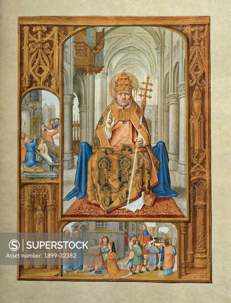 Grimani Breviary, by Bening Simon, Horenbout Gerard, Bening Alexandre, 1520, 16th Century, miniature. Italy, Veneto, Venice, Marciana Library, St Mark's National Library. St Peter Sitting on the Chair. Pontiff: Pope Saints throne gothic see: throne church life episodes: scenes pastoral: crosier staff.