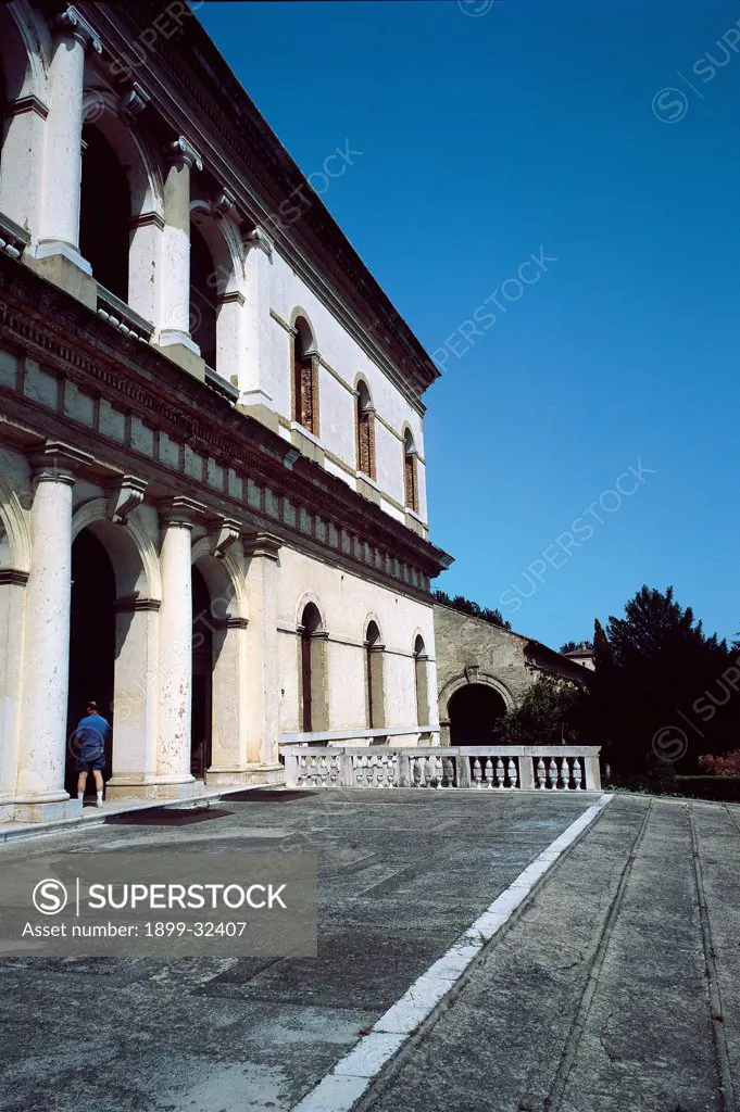 Villa Garzoni, by Unknown, 1527, 16th Century, Unknow. Italy, Veneto, Pontecasale, Padua, Villa Garzoni. Foreshortened view facade balustrade half-columns triglyphs cornice string-course round arches.