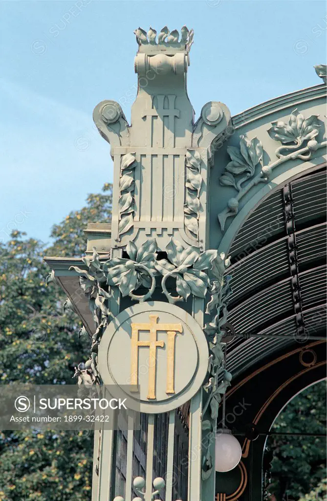 Metro Station in Hietzing, Vienna, by Wagner Otto, 1898 - 1898, 19th Century, Unknow. Austria, Wien, Schonbrunner Schlossstrasse. Decorative detail of the entrance in wrought iron of gatepost with monogram.