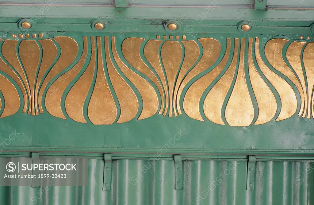 Metro Station in Hietzing, Vienna, by Wagner Otto, 1898 - 1898, 19th Century, Unknow. Austria, Wien, Schonbrunner Schlossstrasse. Decorative detail of the entrance in wrought iron of frieze below the barrel vault.