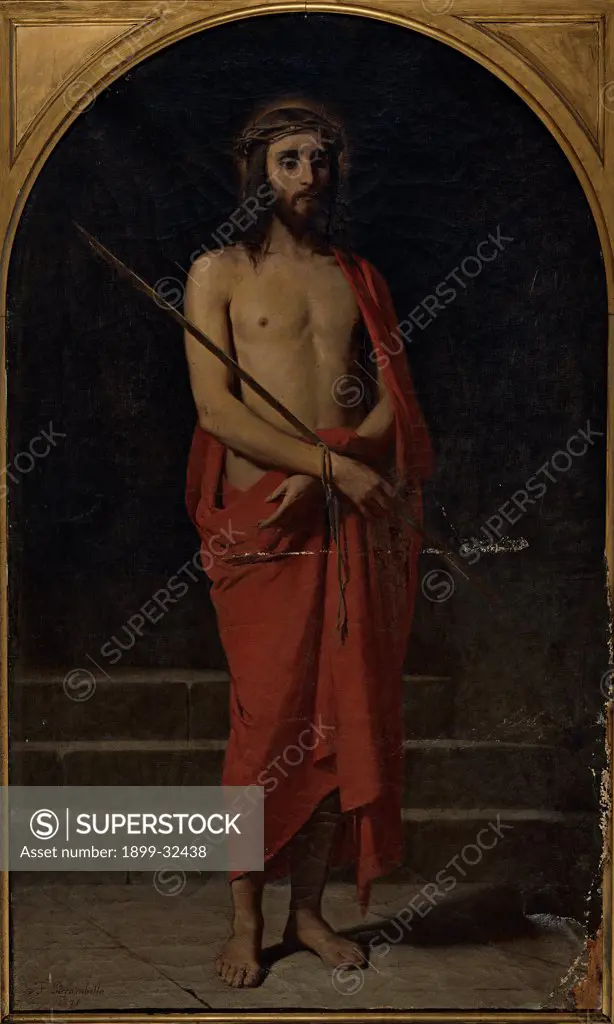 Ecce Homo, by Brambilla Ferdinando, 19th Century, oil on canvas. Italy, Lombardy, Milan, Brera Art Gallery. All Ecce Homo Jesus Christ tied red drape: cloth.