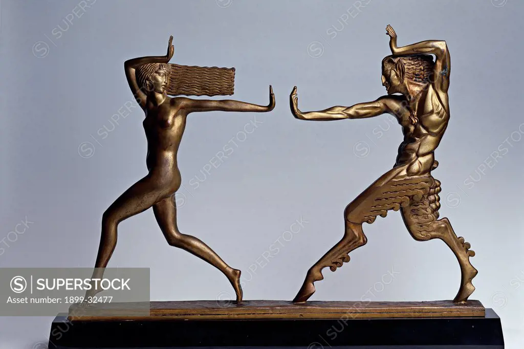 Faun and Nynph, by Le Foguays, 1920, 20th Century, Bronze. Italy, Lombardy, Gardone Riviera, Brescia, The Vittoriale. Whole artwork. Smal bronze statue Faun and Nynph stylized hair postures musculature reveled.