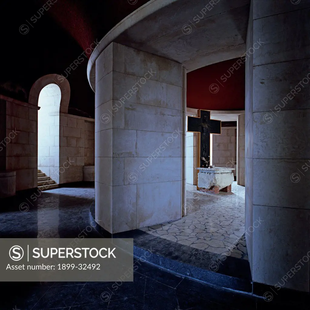 Mausoleum, interior, by Unknown, 20th Century, Unknow. Italy, Lombardy, Gardone Riviera, Brescia, The Vittoriale. View Mausoleum pillars ambulatory.