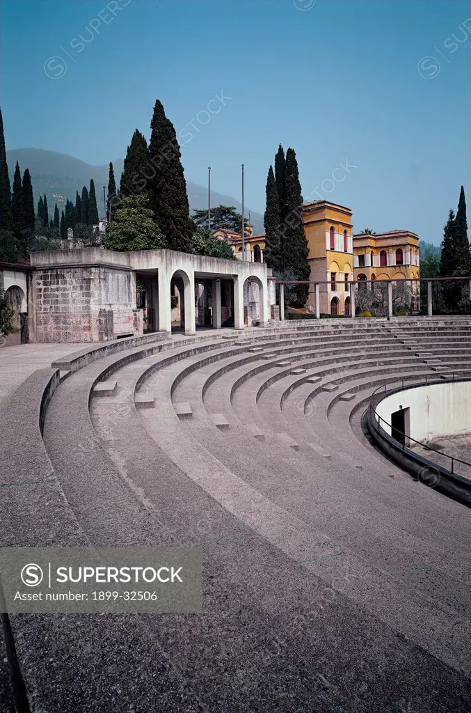 Vittoriale of open-air theater, by Unknown, 1921 - 1923, 20th Century, Unknow. Italy, Lombardy, Gardone Riviera, Brescia, The Vittoriale. View open-air theater Vittoriale steps staircase arches.