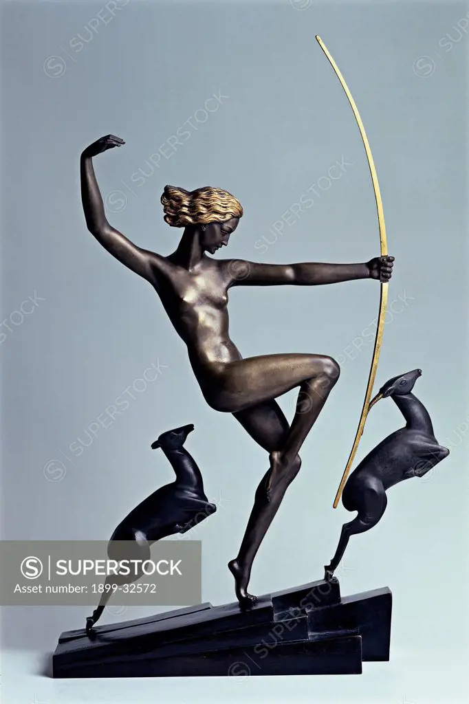 Diana Huntress, by Unknown, 1925 - 1930, 20th Century, Bronze. Italy, Lombardy, Gardone Riviera, Brescia, The Vittoriale. Whole artwork. Diana female figure anatomy nudity breast goddess hunt bow dogs bronze.