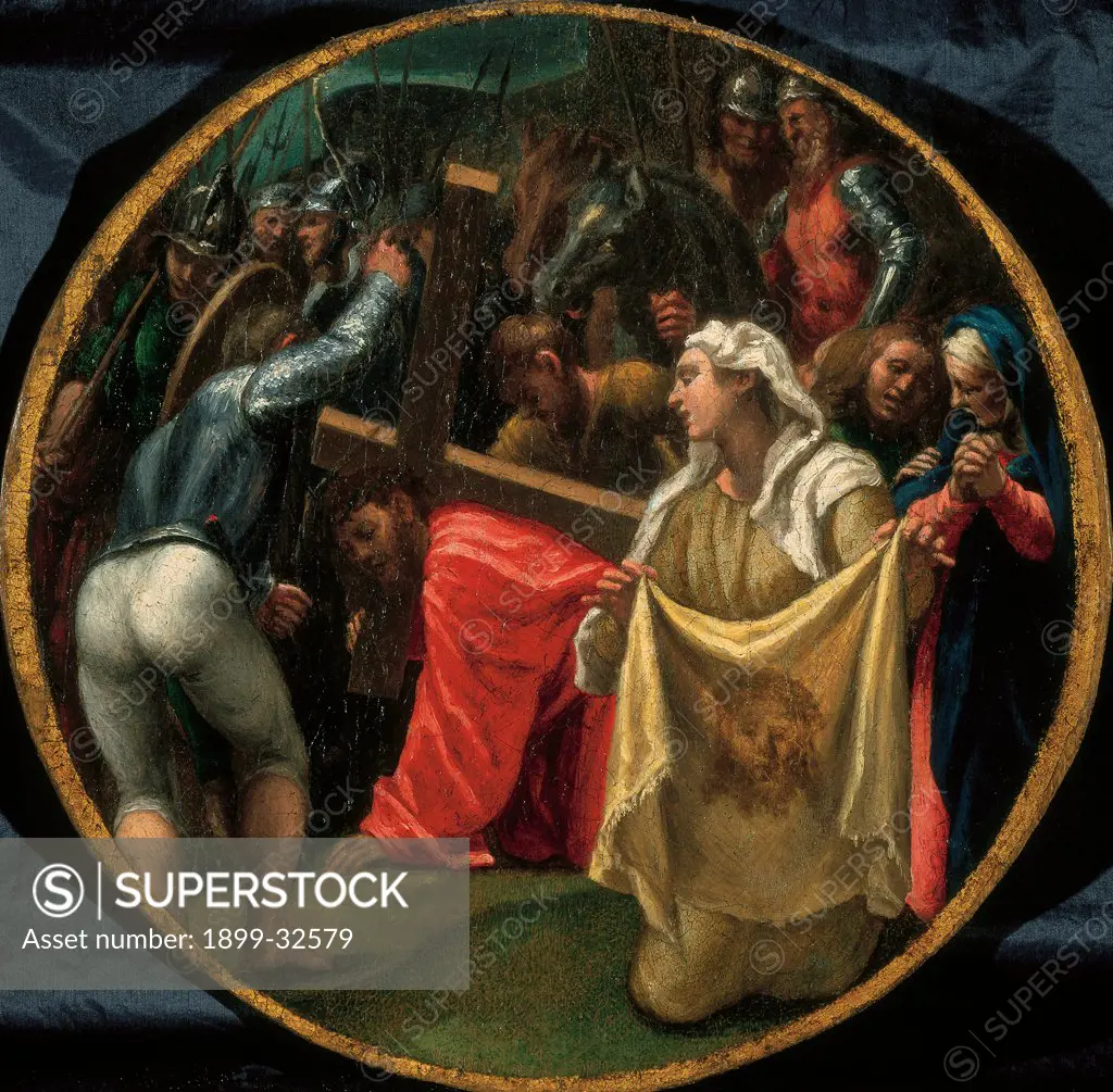 Mysteries of the Rosary, by Campi Vincenzo, 16th Century, oil on canvas. Italy, Emilia Romagna, Busseto, Parma, San Bartolomeo Collegiate Church. Whole artwork. The Ascent to Calvary Jesus Christ fallen Cross Veronica canvas face Saint red crowd: multitude soldiers.