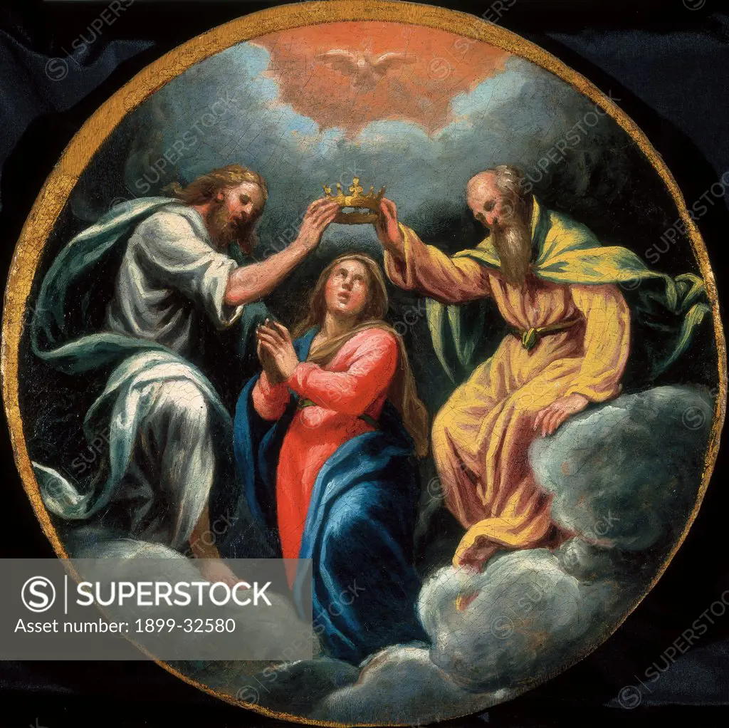 Mysteries of the Rosary, by Campi Vincenzo, 16th Century, oil on canvas. Italy, Emilia Romagna, Busseto, Parma, San Bartolomeo Collegiate Church. Whole artwork. Tondo the Crowning: Coronation of the Virgin Mary Jesus Christ God Dove Holy Spirit: Holy Ghost yellow light blue: azure red crown cloud.