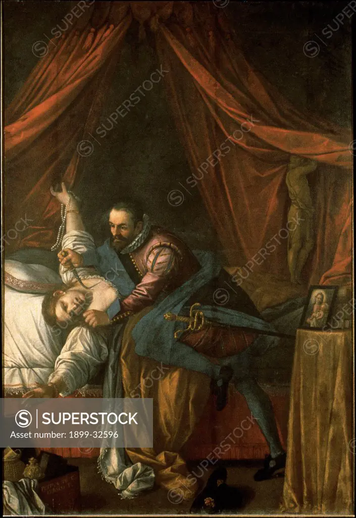 The Miracle of the Madonna of the Rosary (The Jealous Husband), by Damini Pietro, 17th Century, oil on canvas. Italy, Marche, Loreto, Ancona, Santa Casa Basilica. Whole artwork. Man uxoricide woman husband tailcoat gorget wife bed canopies pillow: cushion blankets drapery small table image Madonna murder dagger: knife.