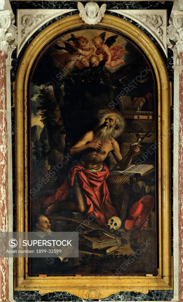 St Jerome Repentant with the Client Gerolamo Selvatico, by Damini Pietro, 1612, 17th Century, canvas. Italy, Veneto, Padua, Santa Maria Assunta Cathedral. Whole artwork. Arched altarpiece old: aged man Saint hermit St Jerome: Hieronymus writing desk book hat skull vanitas crucifix aureole: halo light patch sky clouds angels kneeling man joined hands client Gerolamo Selvatico red bla.