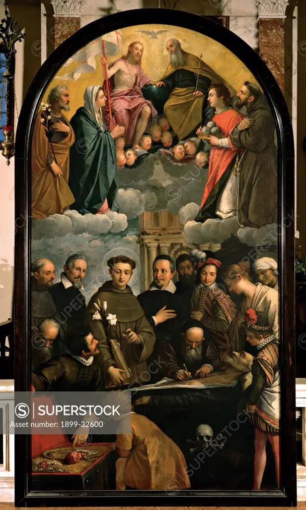 The Miracle of the Miser's Heart, by Damini Pietro, 1618, 17th Century, canvas. Italy, Veneto, Padua, San Canziano church. Whole artwork. Arched altar piece miracle Saint Franciscan friar: monk habit lily aureole: halo St Cantianus old: aged man dead man: deceased: defunct miser anatomy lesson doctor: physician surgeon portrait Fabrici d'Acquapendent.