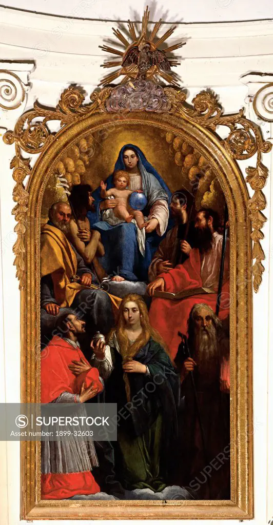 Madonna and Child with St John the Baptist, St Peter, St James, St Paul, St Carlo Borromeo, St Mary Magdalene and St Anthony the Abbot, by Damini Pietro, 1625, 17th Century, canvas. Italy, Veneto, Volpago del Montello, Treviso, Parish Church. Whole artwork. Madonna Virgin Mary Infant Jesus: Christ Child: Baby Jesus: Child Jesus globe Saints St John the Baptist St Peter St James St Paul Apostles: Disciples St Carlo Borromeo bishop cardinal St Mary Magdalene vase: pot urn.