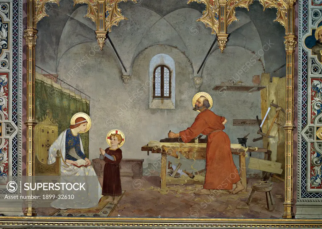 St Joseph at Work, by Faustini Modesto, 1887 - 1890, 19th Century, canvas. Italy, Marche, Loreto, Ancona, Spagnola Chapel. Whole artwork. Virgin Mary, Infant Jesus: Christ Child: Baby Jesus: Child Jesus con St Joseph at work in his carpenter's: joiner's shop. Tools, high-backed chair, arched window, vaulted interior, golden aureoles: halos, frame with g.