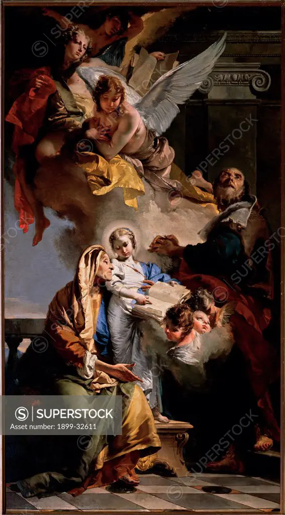 The Education of the Virgin Mary, by Tiepolo Giambattista, 1732, 18th Century, oil on canvas. Italy, Veneto, Venice, Santa Maria della Fava Church. Whole artwork. The Education: Upbringing of the Virgin Mary St Anne St Joachim angels clouds draperies colors architectural elements volutes: spiral scrolls: cartouches capital balustrade: banister stool light shade: shadow white bl.