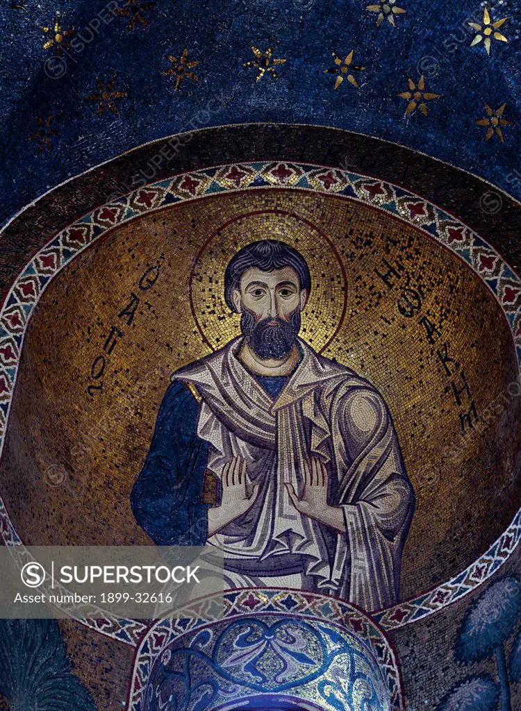 St Joachim, by Unknown, 1180, 12th Century, mosaic. Italy, Sicily, Palermo, Santa Maria dell'Ammiraglio Church known as la Martorana. Detail. St Joachim mosaic inscription Greek characters stylized folds halo: aureole nimbus blessing hands floral decorations leaves gold background.