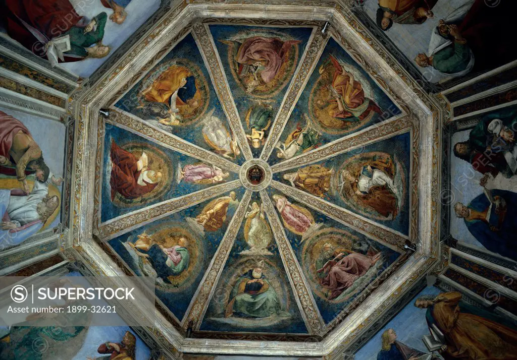 Decoration of the sacristy of St John, by Signorelli Luca, 1480, 15th Century, fresco. Italy, Marche, Loreto, Ancona, Santa Casa Basilica. Angels musicians Evangelists and Doctors of the Church View looking up ceiling.