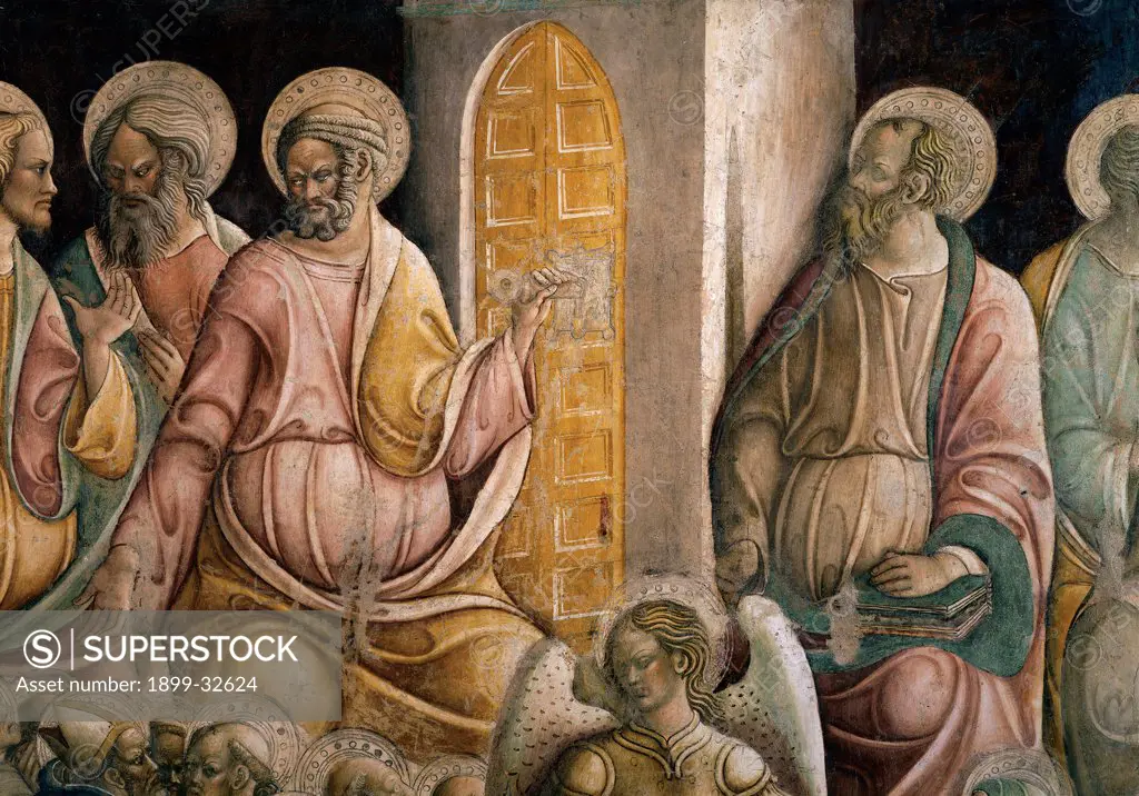 Paradise, by Bartolomeo di Tommaso, 15th Century, fresco. Italy, Umbria, Terni, San Francesco Church. Detail. Top left door angels saints men beard.