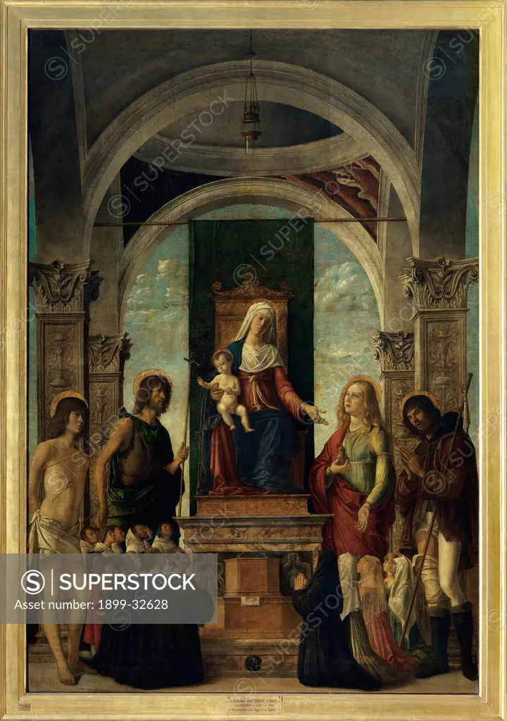 Madonna and Child Enthroned with St Sebastian, St John the Baptist, St Mary Magdalene, St Roch and members of the Confraternity kneeling, by Cima da Conegliano Giovanni Battista known as Cima da Conegliano, 1487 - 1489. 15th Century, tempera on board transferred to canvas. Italy, Lombardy, Milan, Brera Art gallery. Whole artwork. Madonna Enthroned Virgin Mary Child Jesus: Baby Jesus: Christ Child Classical building arches drum dome men women kneeling members of the confraternity saints St Sebast
