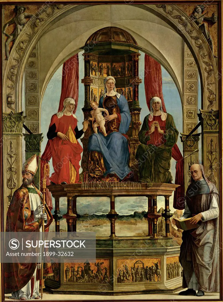 Portuense Altarpiece (Virgin and Child with Saints, St Anne, St Elisabeth, St Augustine and Blessed Peter of Honesty), by de Roberti Ercole, 1480 - 1481, 15th Century, oil on canvas. Italy, Lombardy, Milan, Brera Art Gallery. Whole artwork. Madonna Enthroned canopy saints St Anne St Elizabeth St Augustine St Pietro degli Onesti pillars reliefs decoration cross vaulting cells foreshortened view landscape.
