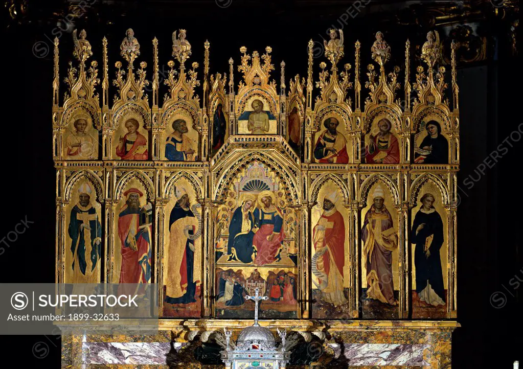Polyptych of the Coronation of the Virgin and Saints, by Jacobello del Fiore, 15th Century, panel. Italy, Abruzzo, Teramo, Sant'Anna dei Pompetti Cathedral. Whole artwork. Polyptych central panel Coronation of the Virgin Mary Madonna Jesus compartments pinnacles saints cymatium: cimasa predella gilt wooden frame red blue gold.