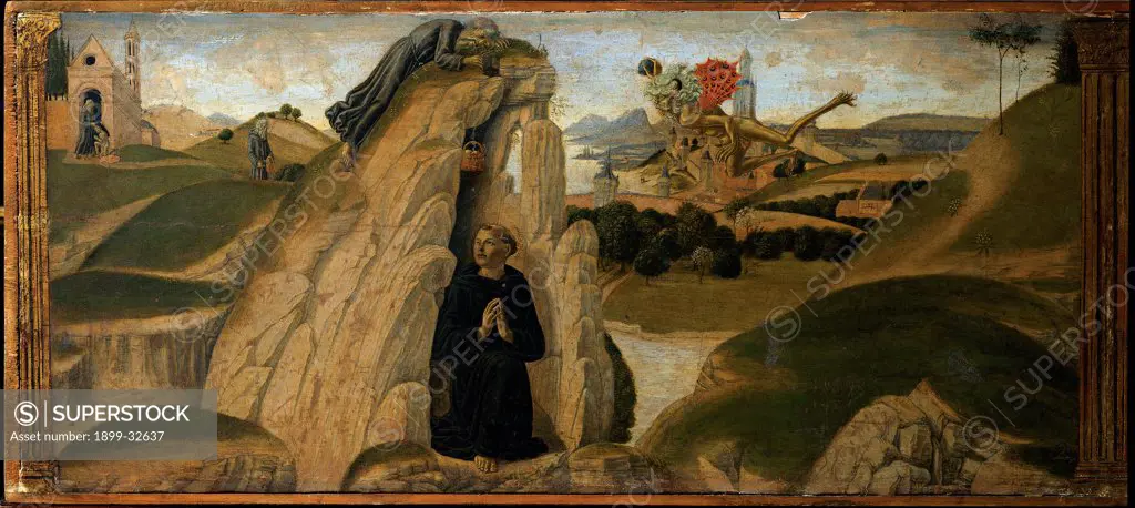 Story from the Life of St Benedict of the monk Romanus brings food to St Benedict in the spelunca, by Martini Francesco di Giorgio, 1475, 15th Century, tempera on panel. Italy, Tuscany, Florence, Uffizi Gallery. Whole artwork. St Benedict saint man friar monk rocks cave grotto Subiaco monk Romanus companion basket food foreshortened view landscape city town houses flying monster demon devil.