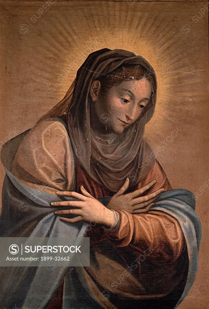 The Virgin Mary Praying, by Caccia Guglielmo know as Moncalvo, 17th Century, oil on canvas. Italy, Lombardy, Monza, Brianza, Cathedral. Whole artwork. Virgin Mary Madonna halo: aureole radiating light rays of light brightness cloak: mantle drapery: draping veil arms crossed over chest brown hues: tones blue.