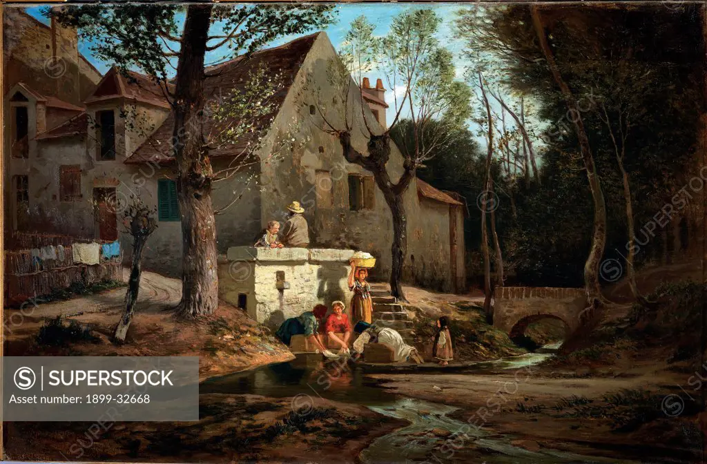 Washerwomen in Bougival, by Carmignani Guido, 1864, 19th Century, oil on canvas. Italy, Emilia Romagna, Parma, National Gallery of Art. Whole artwork. Watercourse river stream work washing women houses buildings baskets bridge trees.