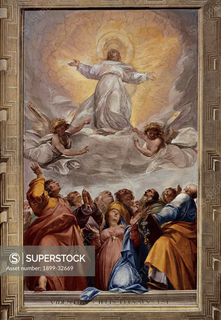 The Ascension, by Cesari Giuseppe know as Cavalier d'Arpino, 1592, 16th Century, fresco. Italy, Lazio, Rome, Santa Prassede Basilica. Whole artwork. Ascension glory saints angels light Jesus Christ.