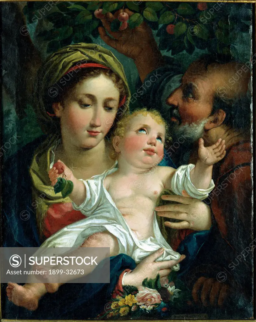 The Holy Family, by Dalla Rosa Saverio, 19th Century, canvas. Private collection. Whole artwork. Virgin Mary Madonna and Child St Joseph picking cherries from a tree.