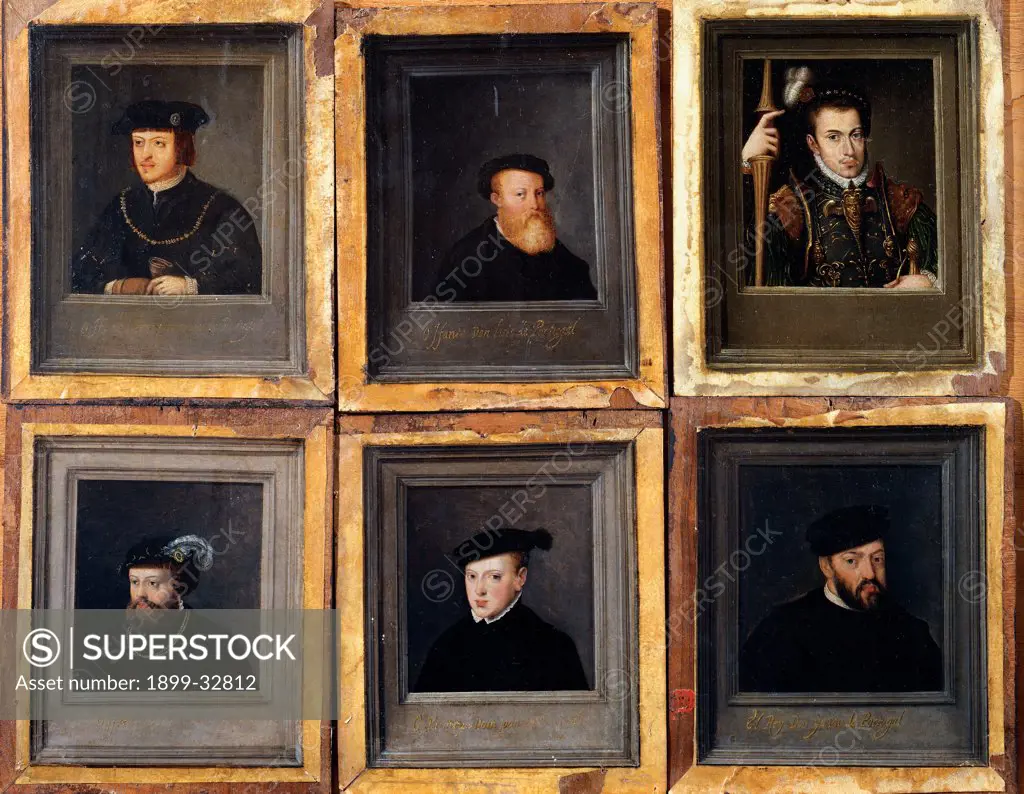 Portraits of Members of the Portuguese Royal Family, by Artista fiammingo, 17th Century, oil on canvas. Italy, Emilia Romagna, Parma, National Gallery of Art. Set of six portraits. Members of the Portuguese royal family hats headgears: headdresses black clothes.