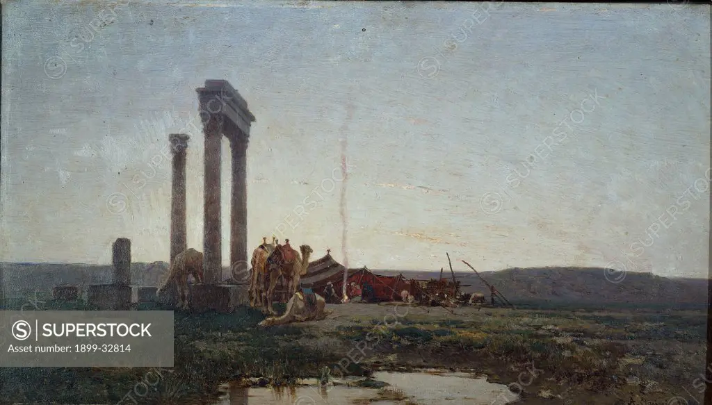 Classical Ruins in the Desert, by Pasini Alberto, 1864, 19th Century, oil on canvas. Italy, Emilia Romagna, Parma, National Gallery of Art. Whole artwork. Ruins columns temple plain level ground desert smoke camp.
