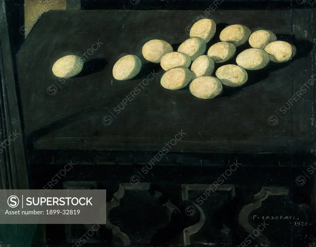 Eggs on a Chest of Drawers, by Casorati Felice, 1920, 20th Century, tempera on panel. Italy, Piemonte, Turin, Private collection. Whole artwork. Eggs on the chest of drawers black white shadows.