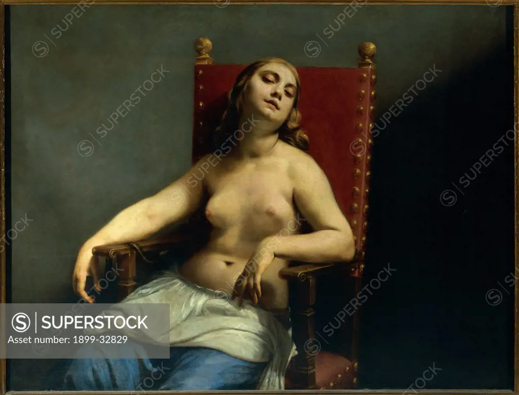 The Death of Cleopatra, by Cagnacci Guido, 1657 - 1659, 17th Century, oil on canvas. Italy, Lombardy, Milan, Brera Art Gallery. Whole artwork. Cleopatra bare chest armchair drapery.