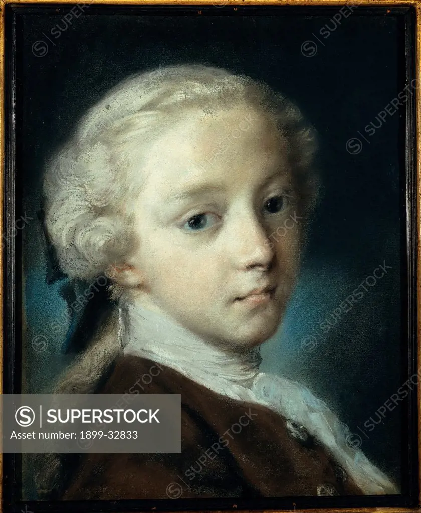 Portrait of a Young Man, by Carriera Rosalba, 1726, 18th Century, pastel on blue paper. Italy, Veneto, Venice, Accademia galleries. Whole artwork. Portrait of young boy tail bow jacket shirt dark blue background.