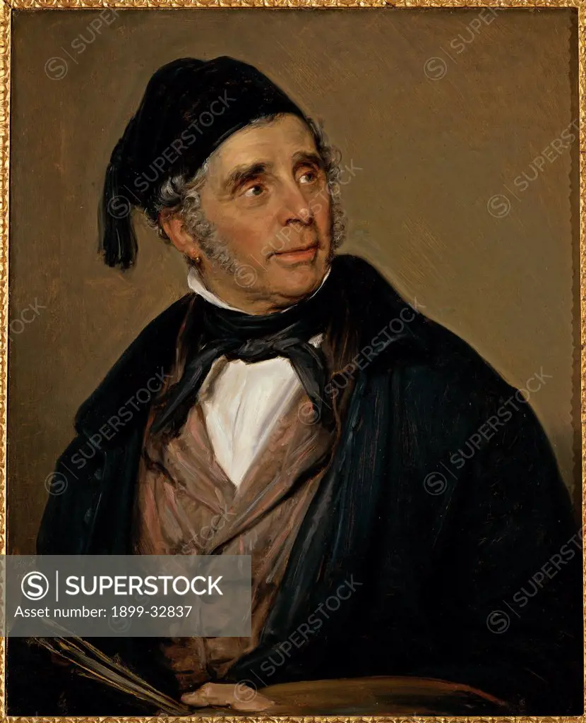 Portrait of Pietro Ronzoni, by Carnovali Giovanni know as Piccio, 1847, 19th Century, oil on canvas. private collection. Whole artwork. Portrait artist painter headgear: headdress hat coat mantle: cloak.