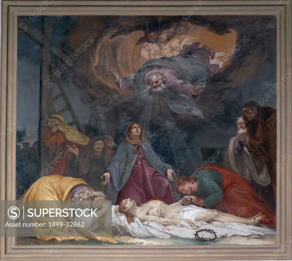 Deposition of Christ, by Canal Giovan Battista, 1803, 19th Century, fresco. Italy, Veneto, Fossalunga, Treviso, Parish Church. Whole artwork. Deposition of Christ body corpse dead Christ Virgin Mary Madonna Magdalene St John apostle cross ladder men sky patch clouds old God Father crown of thorns yellow white blue purple red black.