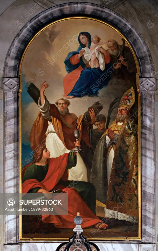 St Andrew and Saints, by Bevilacqua Giovanni Carlo, 1812, 19th Century, canvas. Italy, Veneto, Treviso, Sant'Andrea Church. Whole artwork. Virgin with Child in the sky next to St Joseph, St Andrew with the cross, saint bishop with the palm of martyrdom and another saint raising the chalice: goblet: cup white red gold.
