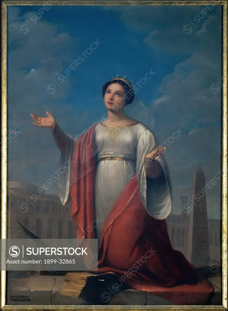 St Catherine, by Schiavoni Natale, 1828, 19th Century, canvas. Italy, Veneto, Castelfranco Veneto, Treviso, Cathedral. Whole artwork. St Catherine kneeling with the palm of martyrdom. She wears a white high waist dress (in the fashion of the time) and a red stole, standing out against a background of ancient architecture.