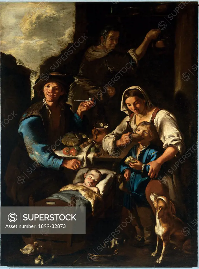 Family of Beggars, by Cipper Giacomo Francesco Todeschini, 1720, 18th Century, oil on canvas. Italy, Lazio, Rome, Private collection. Whole artwork. Family beggars man woman husband wife children young boy baby crib: manger table food dishes crockery dog old view sky clouds white blue black.