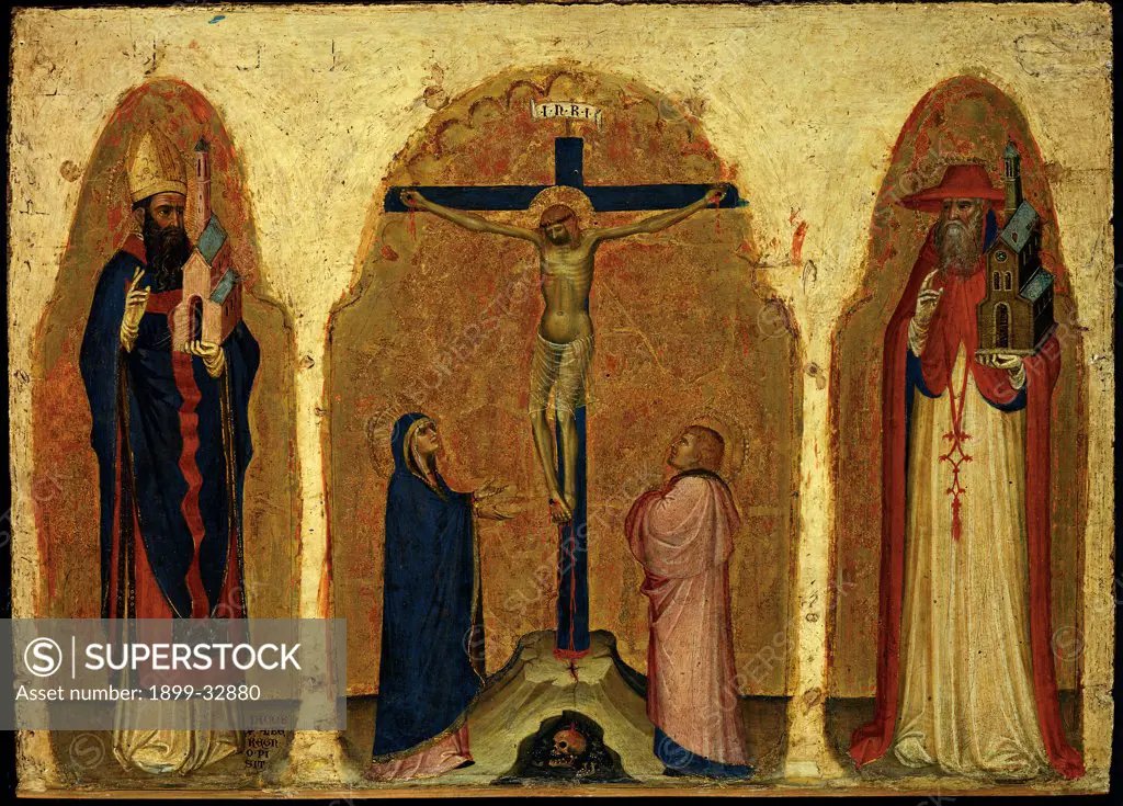 Triptych, by Alberegno Jacobello, 1397, 14th Century, panel with gold ground. Italy, Veneto, Venice, Accademia Galleries. Whole artwork. Crucifixion Christ crucified cross skull Vanitas Virgin Mary Madonna St John apostle evangelist Sts Gregory and Jerome gold white red blue pink.