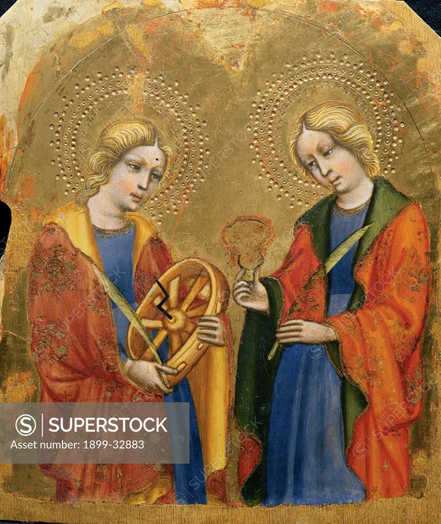 St Catherine and St Mary Magdalene, by Jacobello del Fiore, 15th Century, panel. Italy, Veneto, Venice, San Giovanni in Bragora Church. Whole artwork. Saints martyr symbol of martyrdom St Catherine of Alexandria wheel St Magdalene halos: aureoles damask mantles: cloaks flowers yellow green red blue.