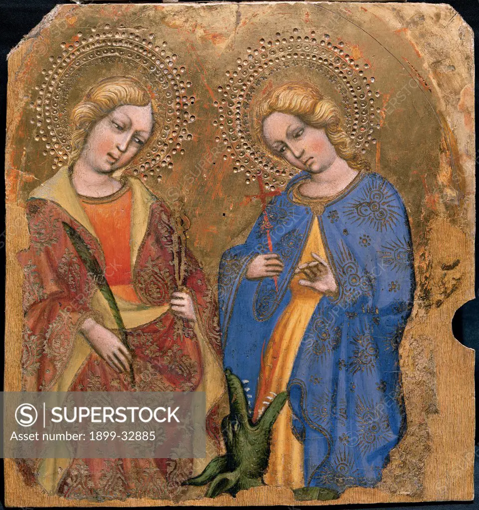 St Apollonia and St Theresa, by Jacobello del Fiore, 15th Century, panel. Italy, Veneto, Venice, San Giovanni in Bragora Church. Whole artwork. Women saints martyrs palm of martyrdom St Apollonia tongs damask mantles: cloaks flowers monster gold violet: purple red yellow blue green gold background halos: aureoles.