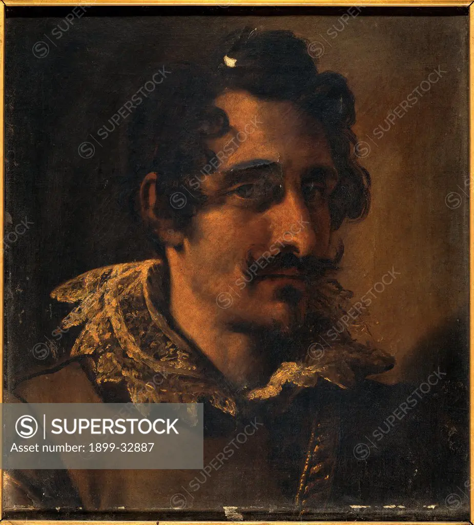 Portrait of a Man, by Ceresa Carlo, 17th Century, oil on canvas. Italy, Lombardy, Milan, Brera Art Gallery. Whole artwork. Male portrait collar jacket dark: brown shades: tones: hues white black light shadow.